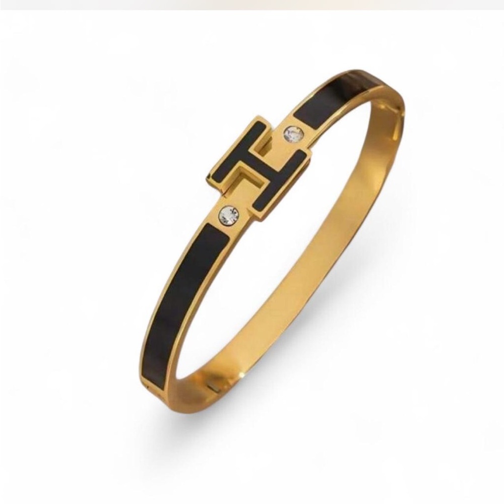 Gold and Black Enamel Hinge Bracelet with Crystal / Rhinestone Accents